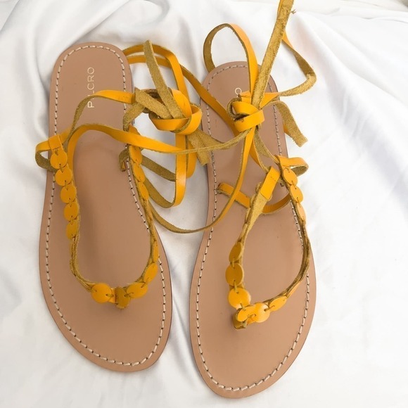 Anthropologie Pilcro Yellow Leather Thong Lace Up Sandals 8 Yellow Boho Summer - Picture 1 of 6